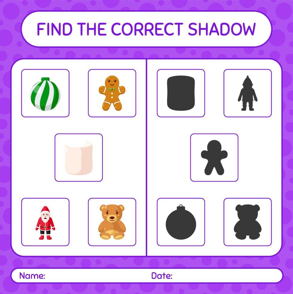 finde das richtige schattenspiel mit weihnachtssymbol. arbeitsblatt für vorschulkinder, kinderaktivitätsblatt vektor