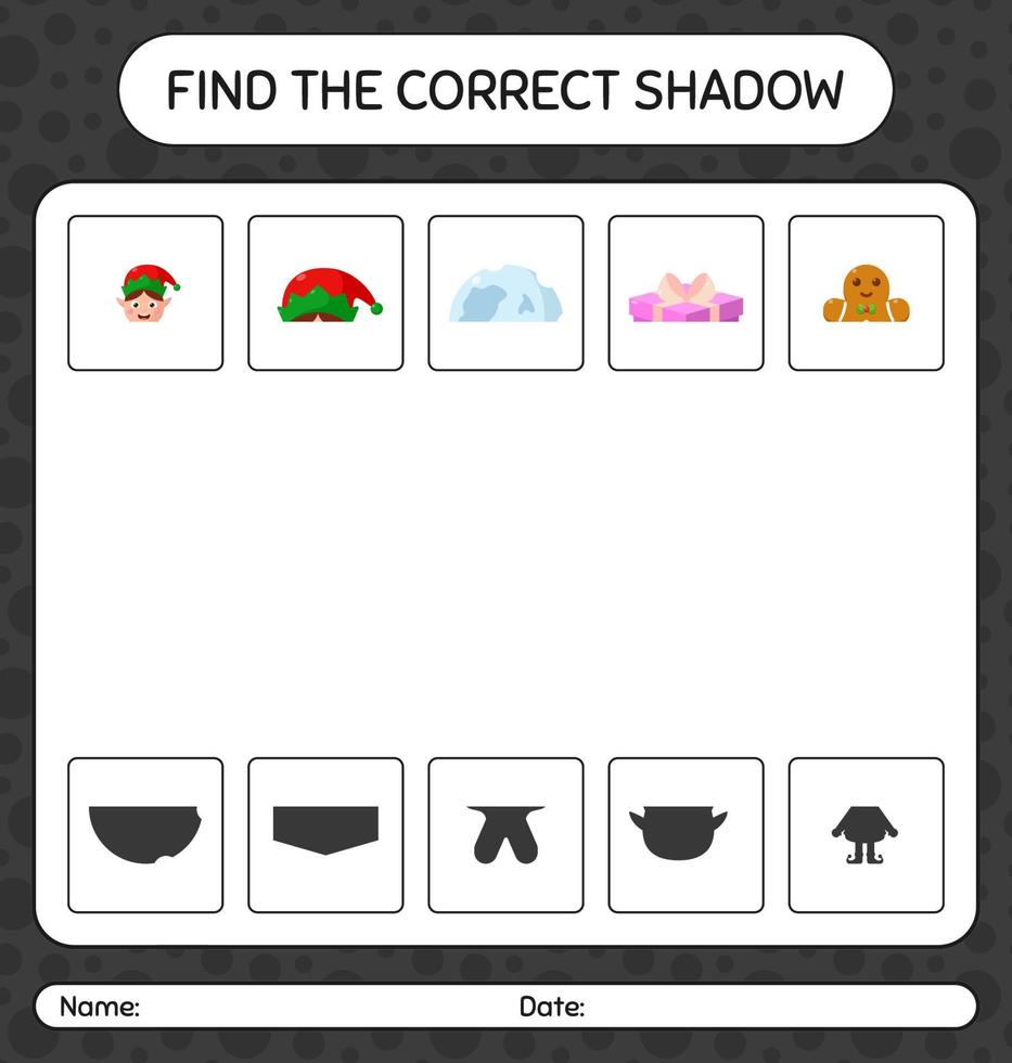 hitta rätt skuggspel med julikonen. arbetsblad för förskolebarn, aktivitetsblad för barn vektor