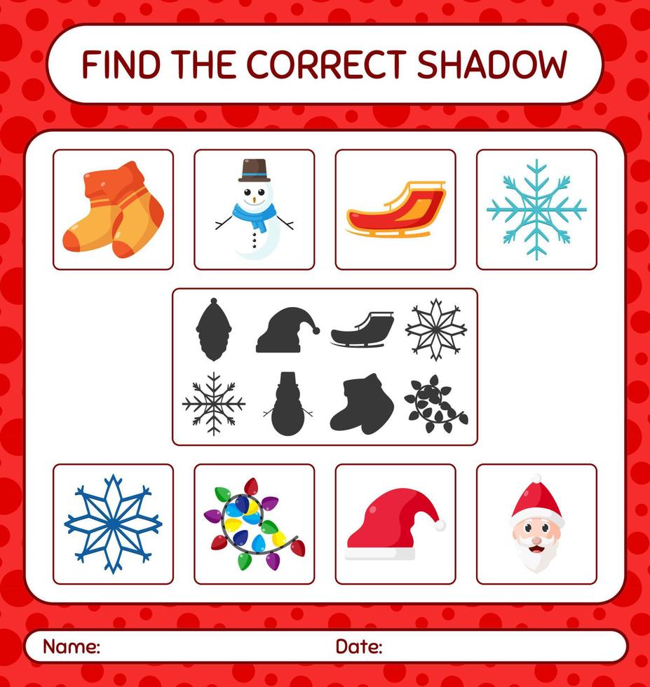 hitta rätt skuggspel med julikonen. arbetsblad för förskolebarn, aktivitetsblad för barn vektor