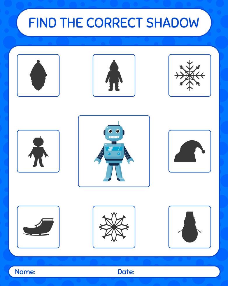 Finden Sie das richtige Schattenspiel mit Roboterspielzeug. arbeitsblatt für vorschulkinder, kinderaktivitätsblatt vektor