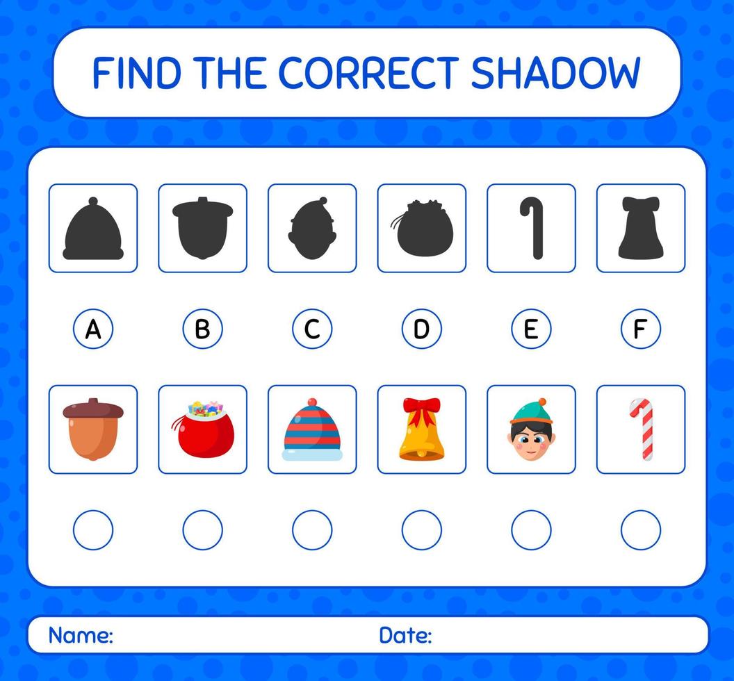 finde das richtige schattenspiel mit weihnachtssymbol. arbeitsblatt für vorschulkinder, kinderaktivitätsblatt vektor