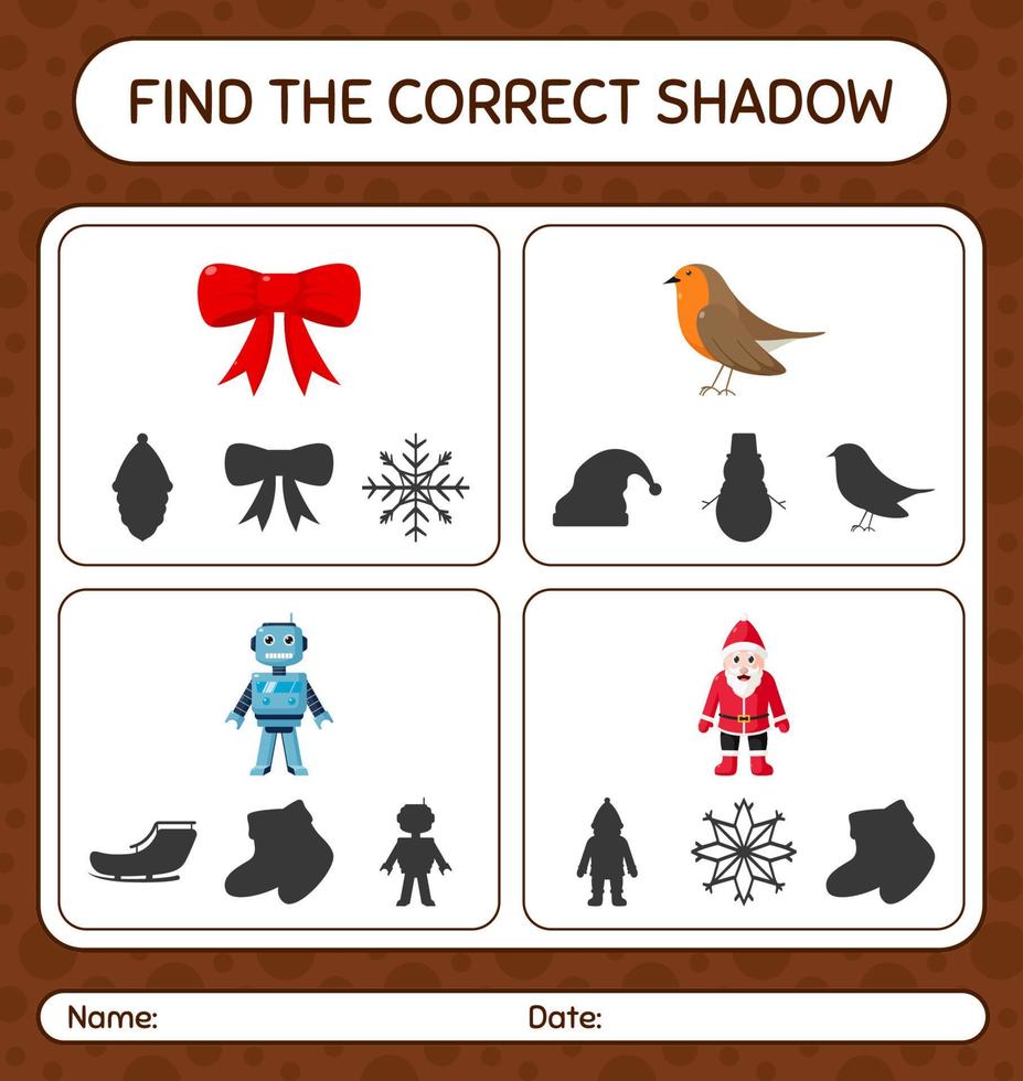 hitta rätt skuggspel med julikonen. arbetsblad för förskolebarn, aktivitetsblad för barn vektor
