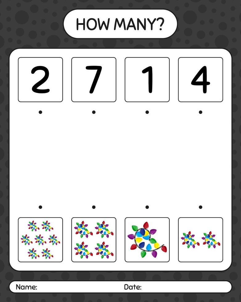 hur många räknar spel med strängljus. arbetsblad för förskolebarn, aktivitetsblad för barn vektor