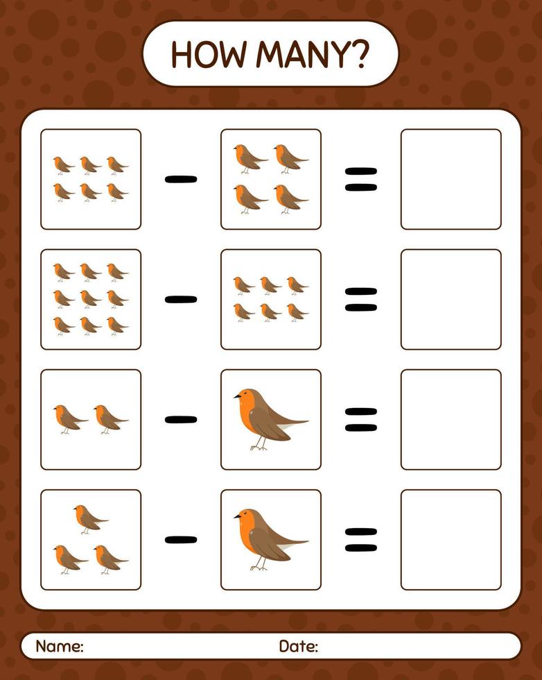 hur många räknar spel med Robin bird. arbetsblad för förskolebarn, aktivitetsblad för barn vektor