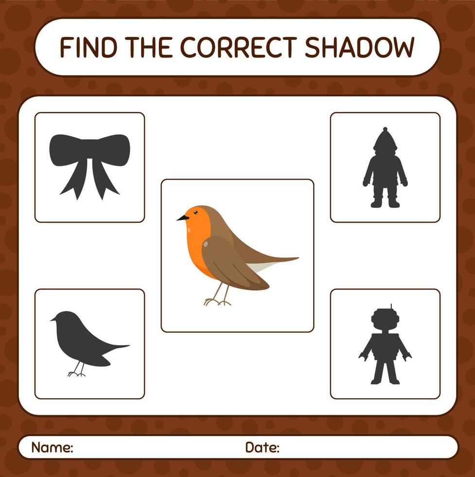 hitta rätt skuggspel med Robin bird. arbetsblad för förskolebarn, aktivitetsblad för barn vektor