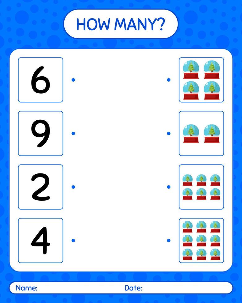 hur många räknar spel med glas snöboll. arbetsblad för förskolebarn, aktivitetsblad för barn vektor