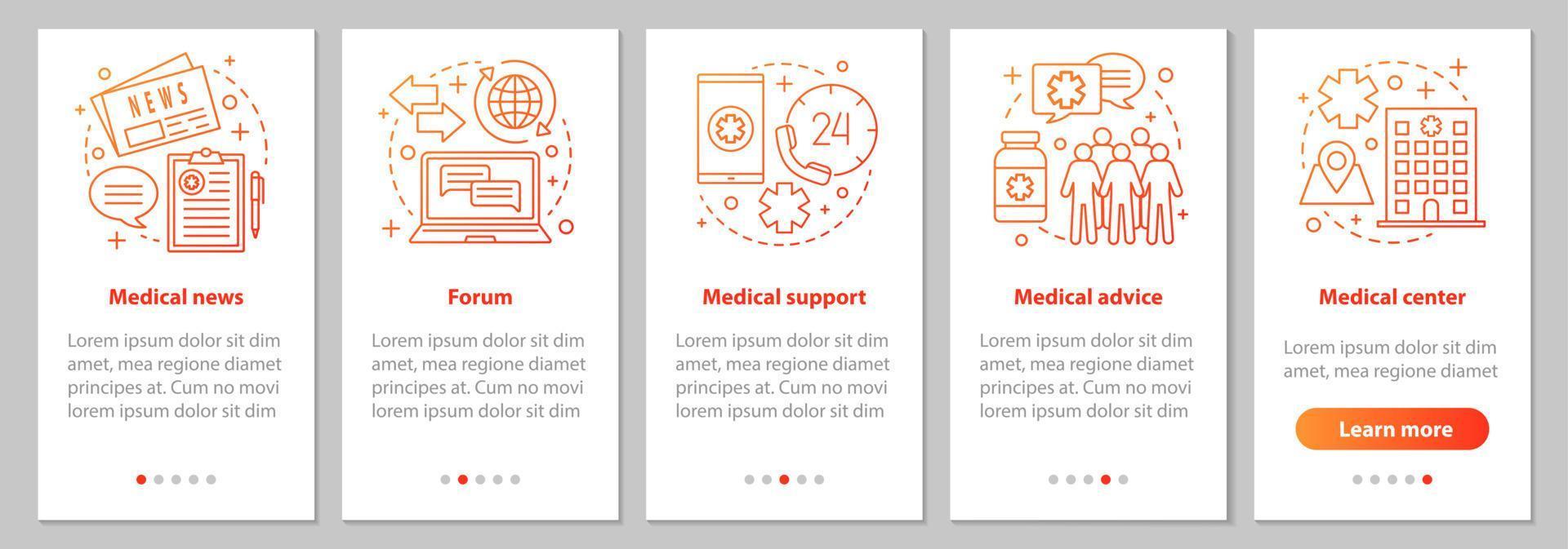 medicin och hälsovård onboarding mobil app sidskärm med linjära koncept. medicinska nyheter, forum, råd, klinik, grafiska instruktioner för stödsteg. ux, ui, gui vektormall med illustrationer vektor