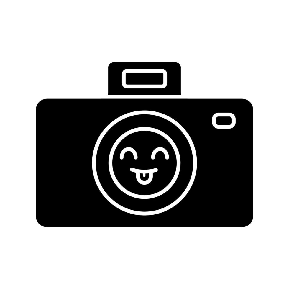 leende fotokamera glyfikon. lätt att fotografera. glad fotokamera. emoji, uttryckssymbol. siluett symbol. negativt utrymme. vektor isolerade illustration