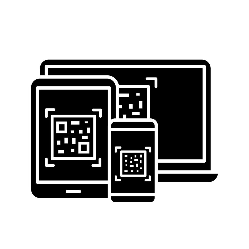 QR-Codes auf verschiedenen Geräten Glyphensymbol. Matrix-Barcode-Generator. 2D-Codes auf Laptop, Smartphone, Tablet-PC. Barcodes lesen, Apps scannen. Silhouettensymbol. vektor isolierte illustration