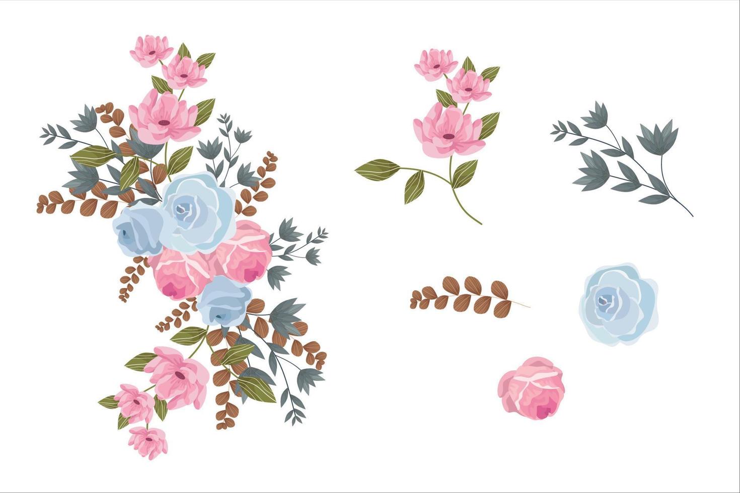 uppsättning av blå rosa blommor och grönt brunt blad clipart isolerade vektor