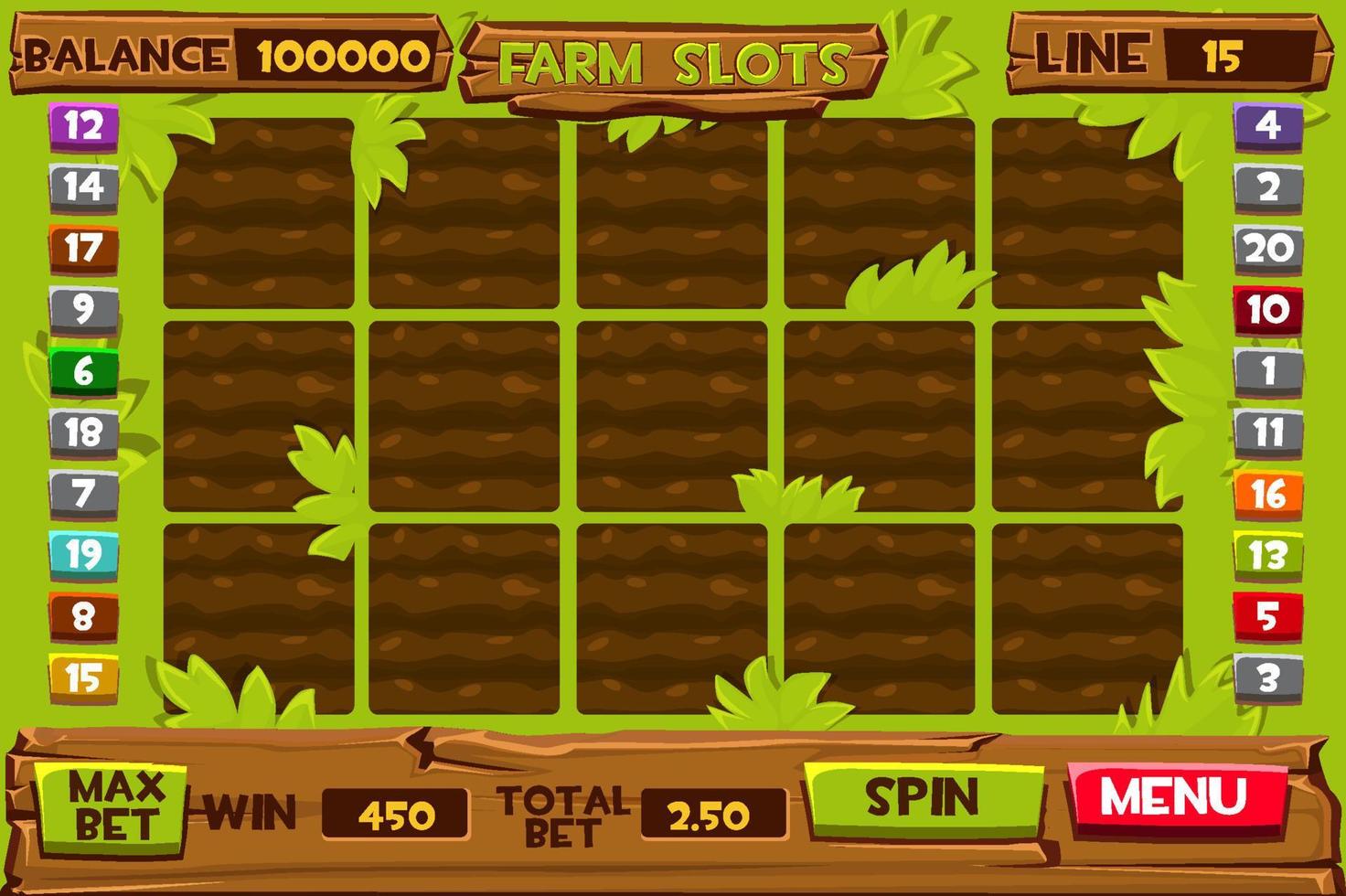 farm slots mallar, gambling användargränssnitt att spela. vektor illustration bakgrundsmeny för spelet, trädgårdssängar.