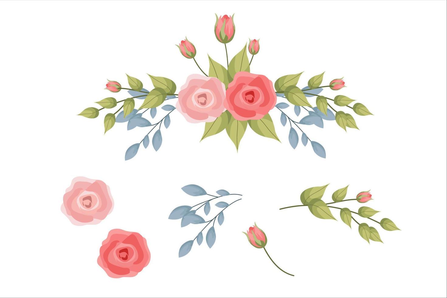 satz rosa blumen und grünes blatt clipart lokalisiert vektor