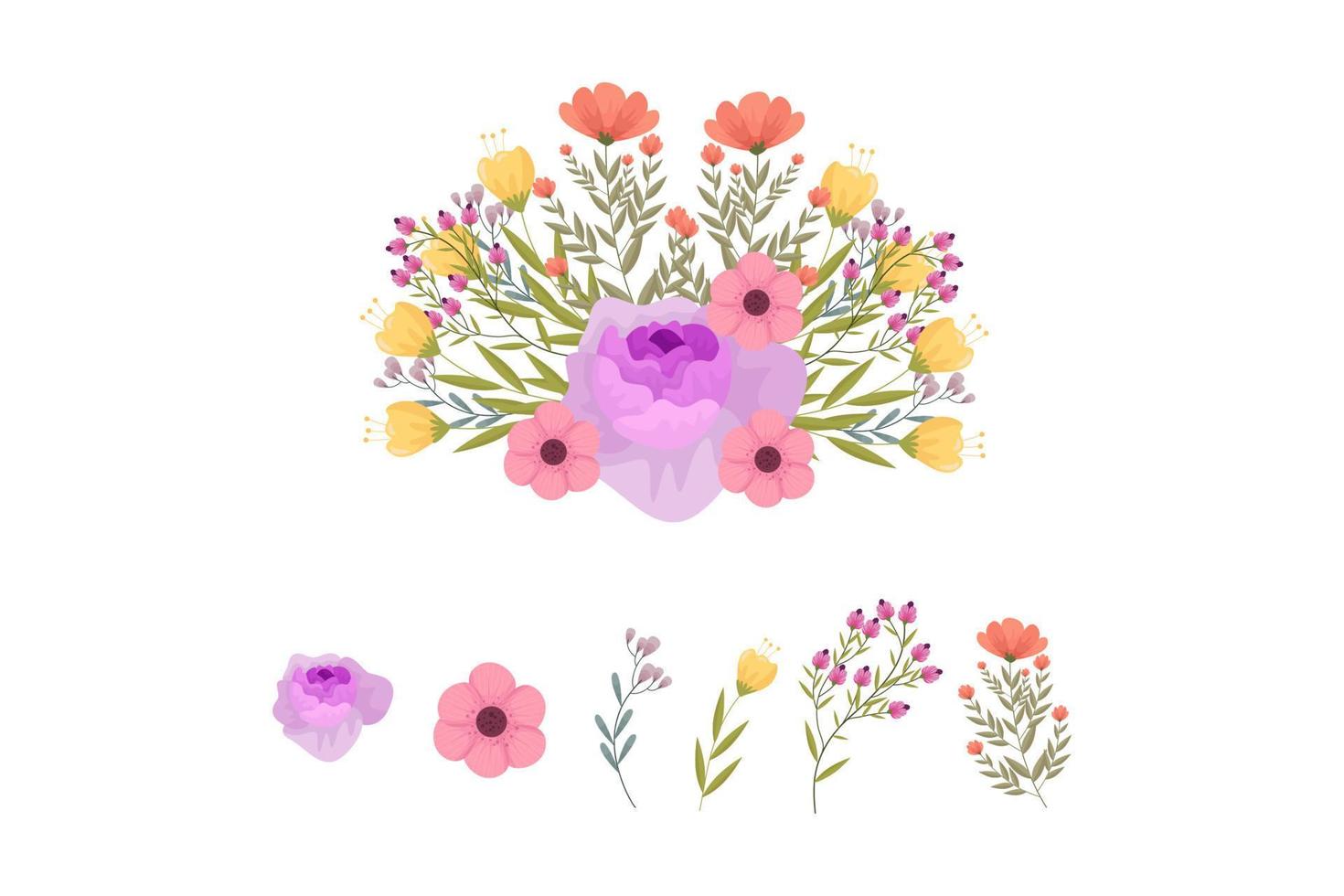 eine Vielzahl von farbenfrohen Arrangements aus schönen Blättern und Blumen vektor