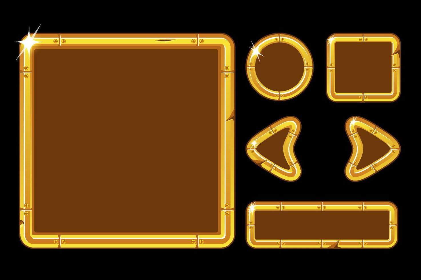 Vektor-Spiel-UI-Kit. goldene benutzeroberfläche für das spielmenü. goldfensterschnittstellenvorlage mit tasten, pfeilen. vektor