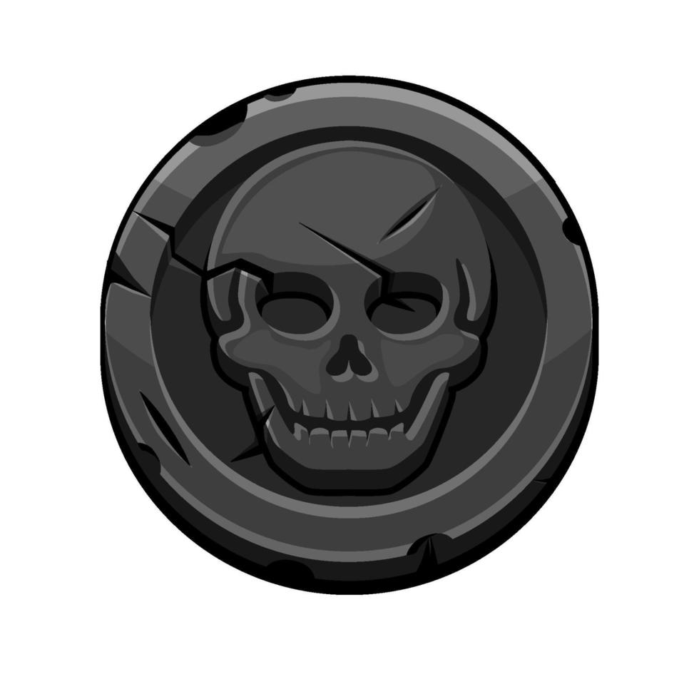 piratsvart rund märke eller mynt för spel. vektorillustration av ett mynt med en skrämmande skalle. vektor