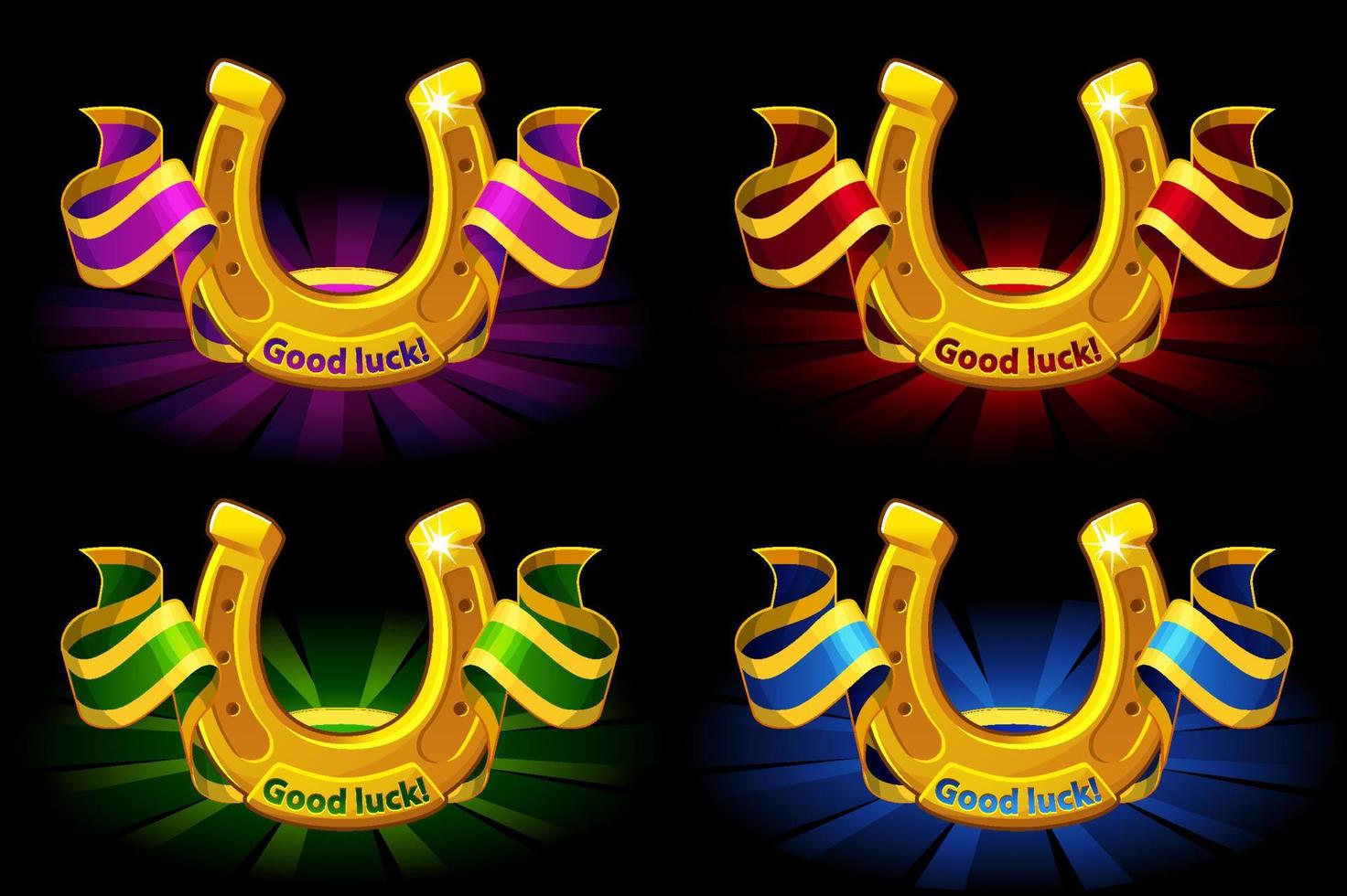 vektor banner gyllene hästskor med färg band. en uppsättning färgglada hästskor av lycka.