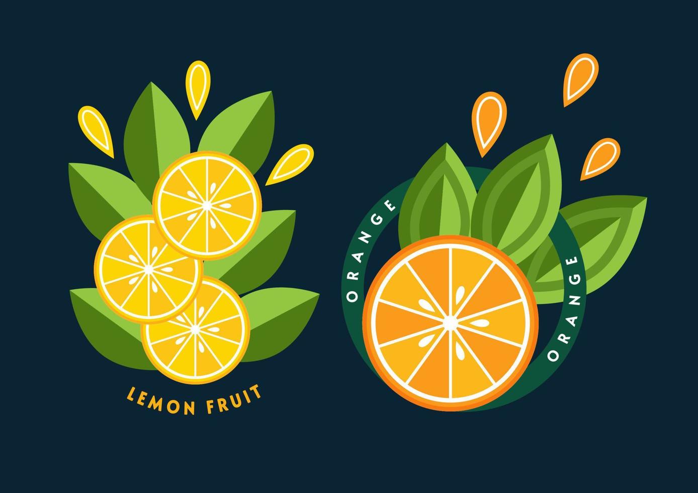 uppsättning logotyper, emblem, märken med apelsin, citron, gröna blad, fruktskivor. bra för dekoration av matförpackningar, livsmedel, jordbruksbutiker, reklam. platt stil vektor