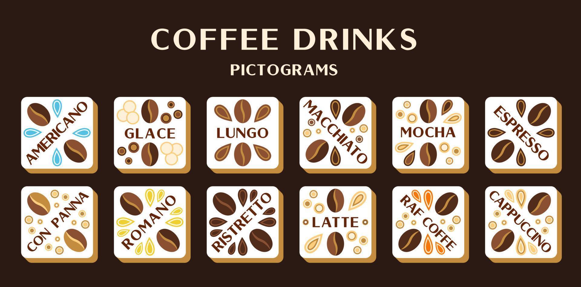 piktogramme verschiedener arten von kaffeegetränken. Vektor-Illustration. vektor