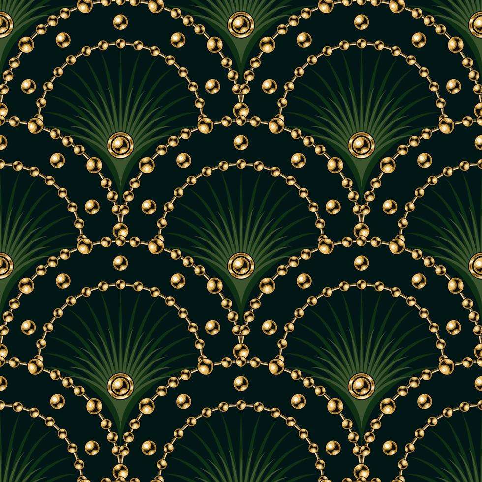 sömlöst grönt mönster med solfjäderformat rutnät, guldbollkedjor, pärlor, tunna färgstrålar inuti rutnätscellen. klassisk lyx bakgrund. vektor