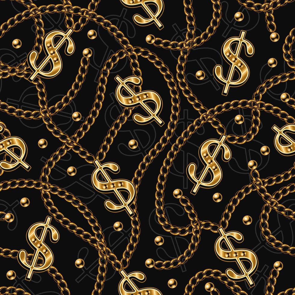 seamless mönster med glänsande guld usa dollartecken, metall klassiska kedjor, pärlor på en svart bakgrund. begreppet rikedom och lyx. ljusa vektorillustration. vektor