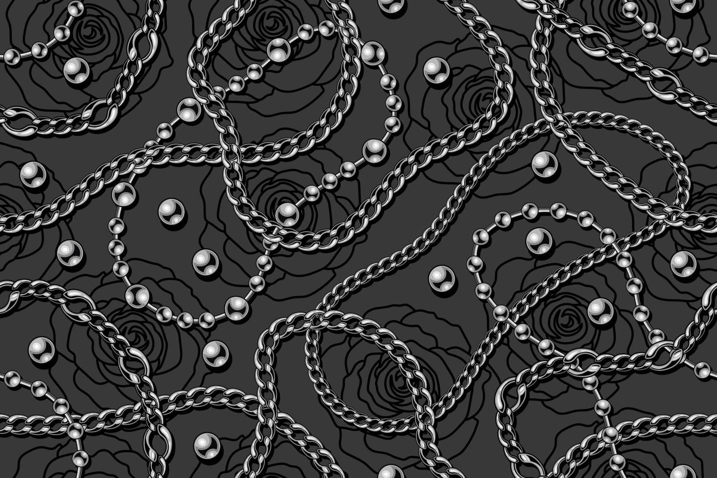 sömlöst grått mönster med silverpärlor, strängar av metallpärlor, rostfria kedjor, linjära svarta rosor på en mörk bakgrund. vektor illustration