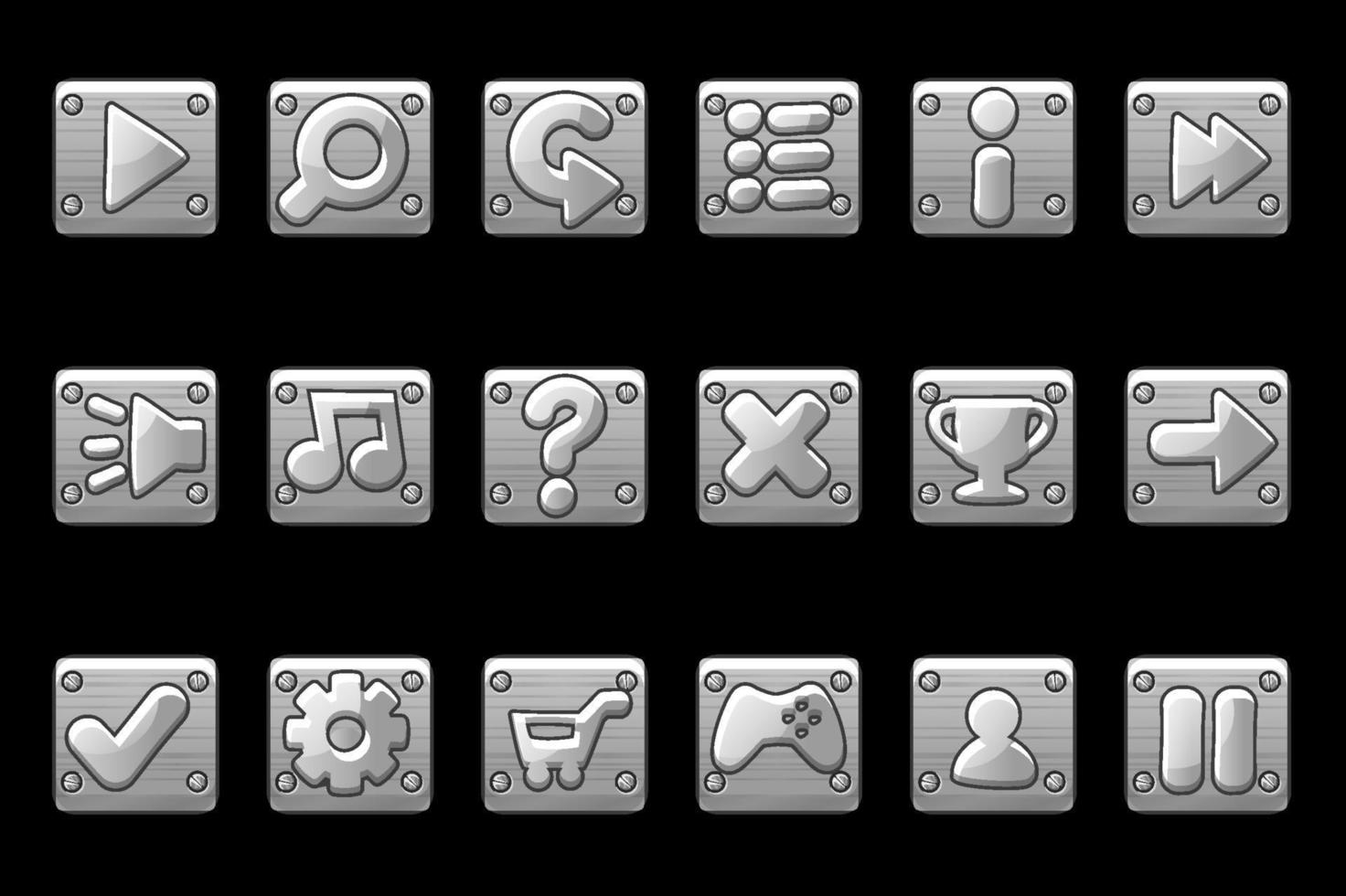 fyrkantiga metallic grå knappar för spel gui. vektor uppsättning tecken app ikoner för användargränssnitt.