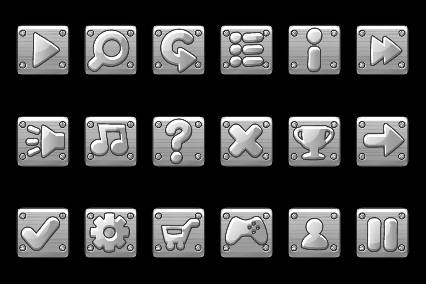 quadratische metallgraue Knöpfe für die Spiel-GUI. Vektor-Set von Zeichen-App-Icons für die Benutzeroberfläche. vektor