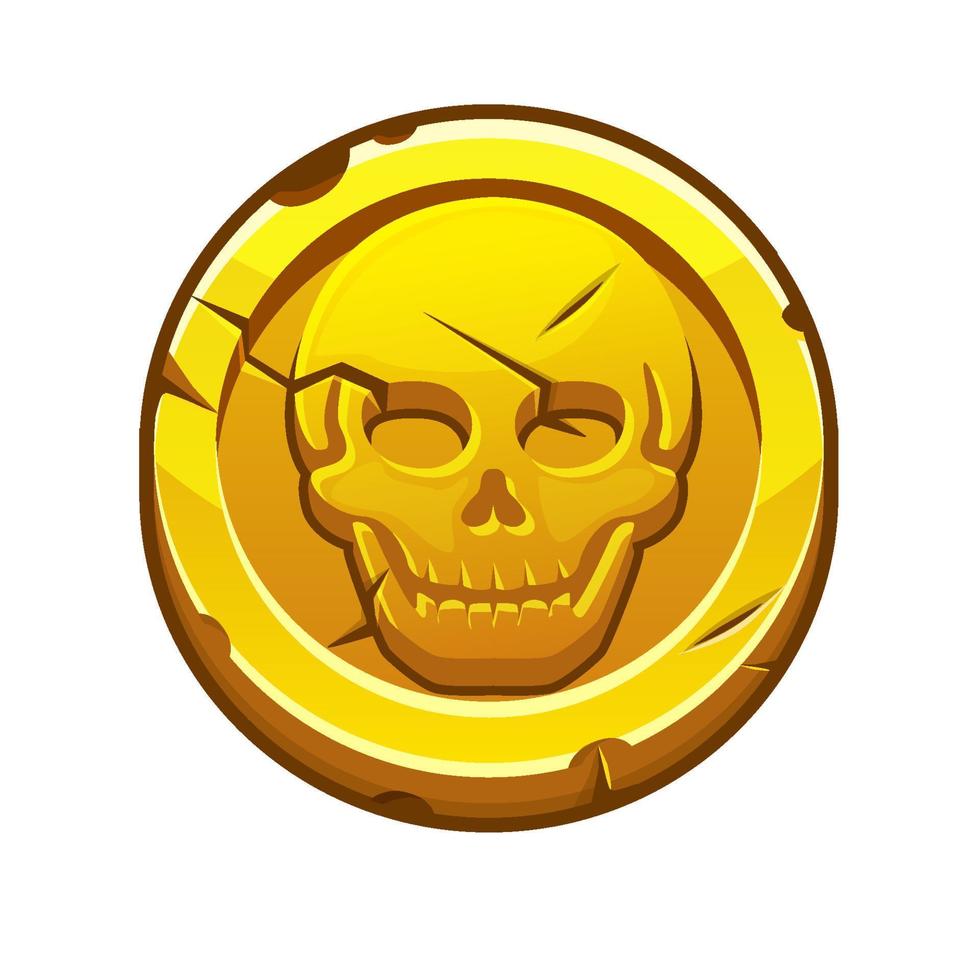 Schwarze Piratenmarke oder Goldmünze für das Spiel. Vektorillustration einer runden Münze mit einem menschlichen Schädel. vektor