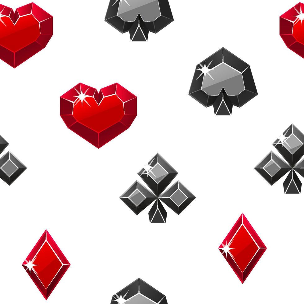 Vektornahtloses Muster aus wertvollen Kartenanzügen. Illustration von rot-schwarzen Casino-Symbolen. vektor