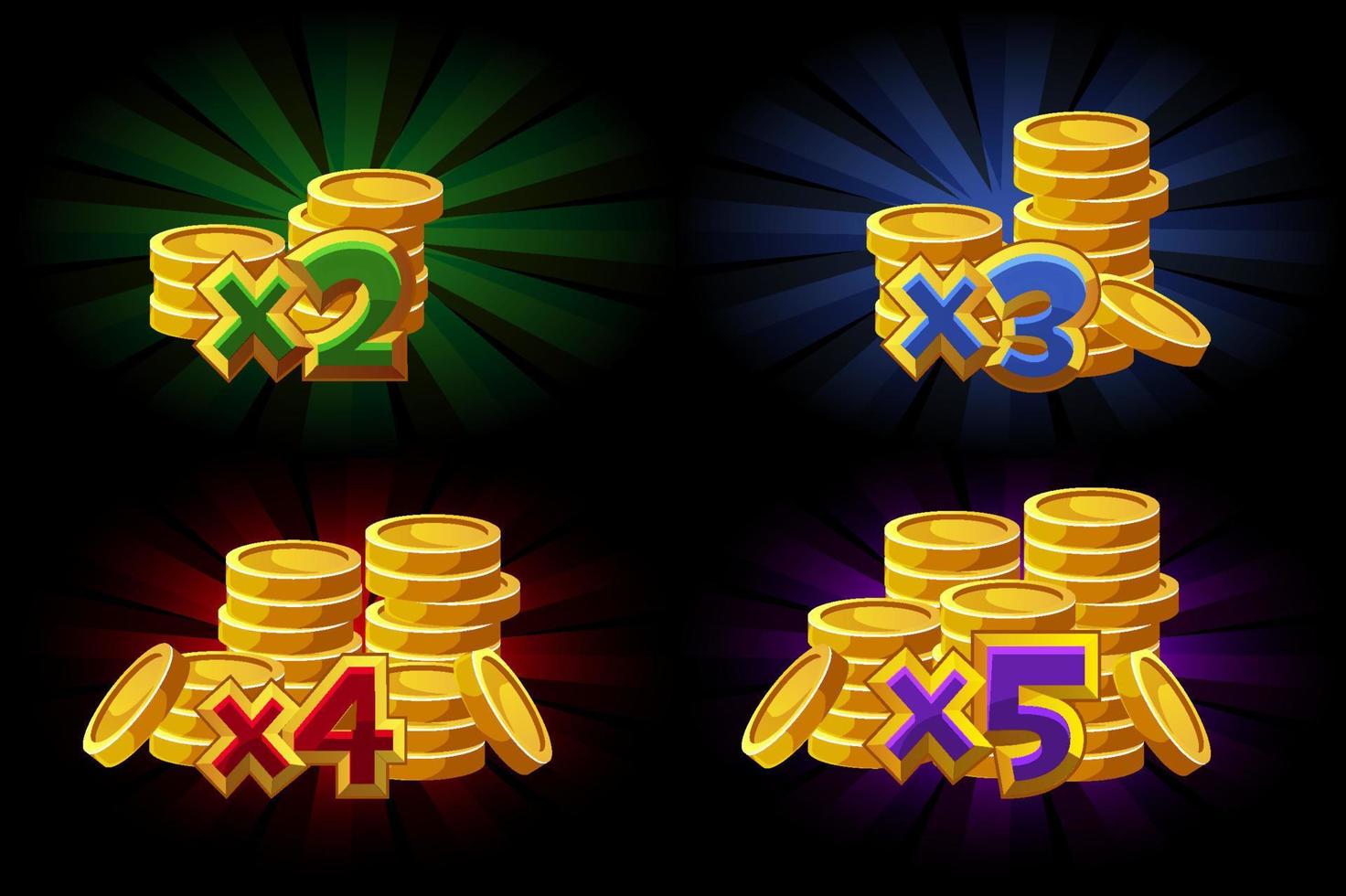 Vektordarstellung von x2-, x3-, x4-, x5-Bonusmünzen im Spiel. erhöhter Bonus für den Gewinner. vektor