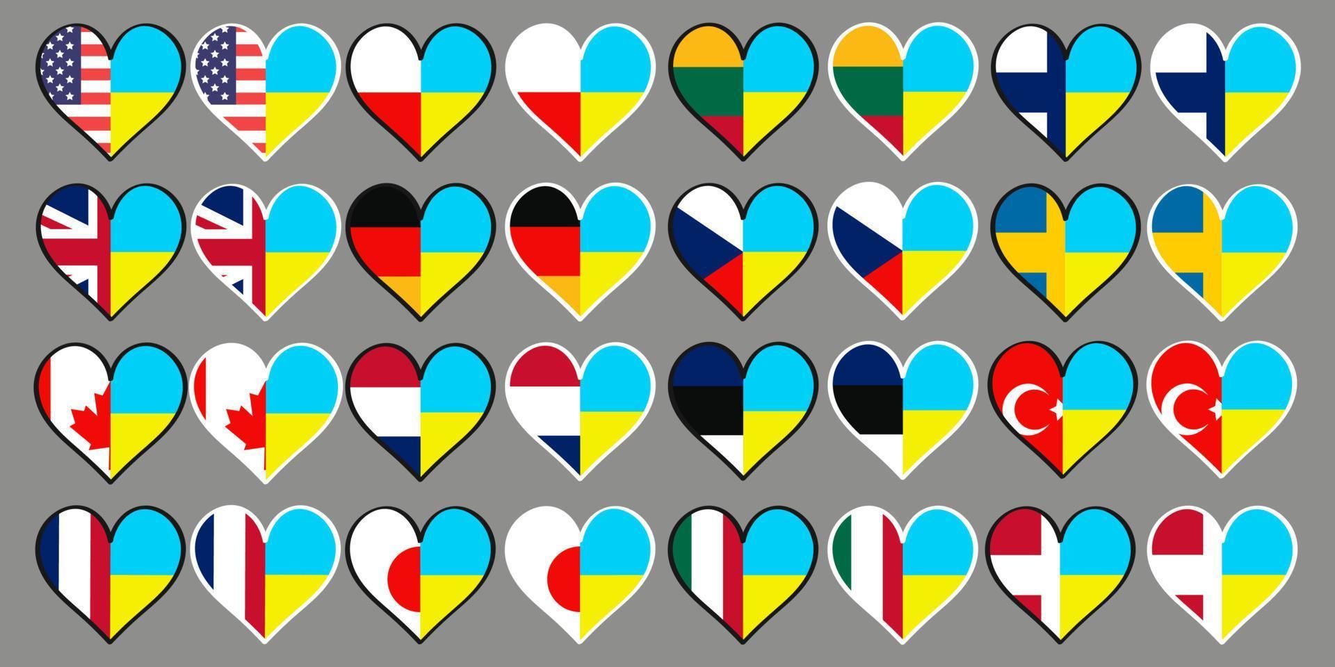Flaggen europäischer Länder, USA, Türkei, Japan im Herzen mit der ukrainischen Flagge. Vektor-Illustration. vektor