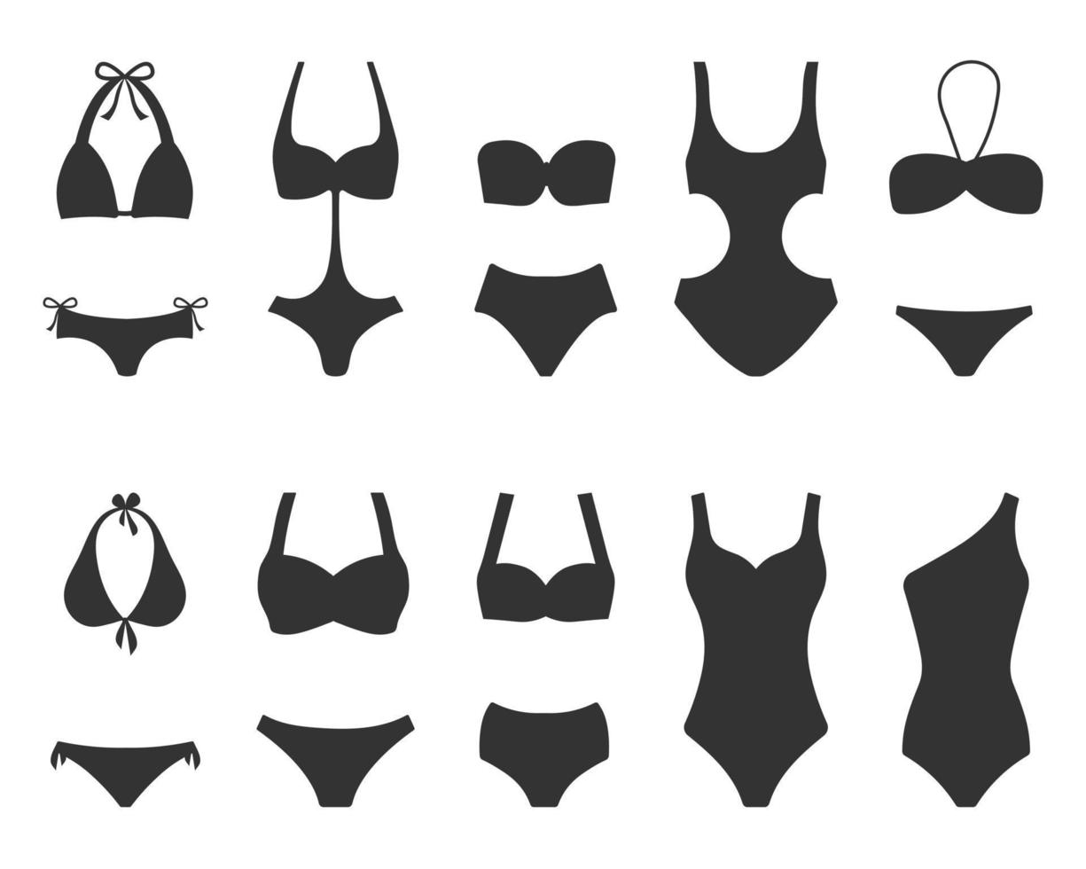 bikini samling. kvinnors badkläder silhuetter på en vit bakgrund. underkläder. vektor illustration.