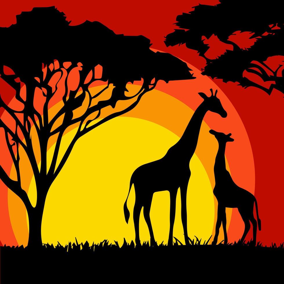 Landschaft mit Silhouetten von Giraffen in Afrika. Vektor-Illustration. vektor