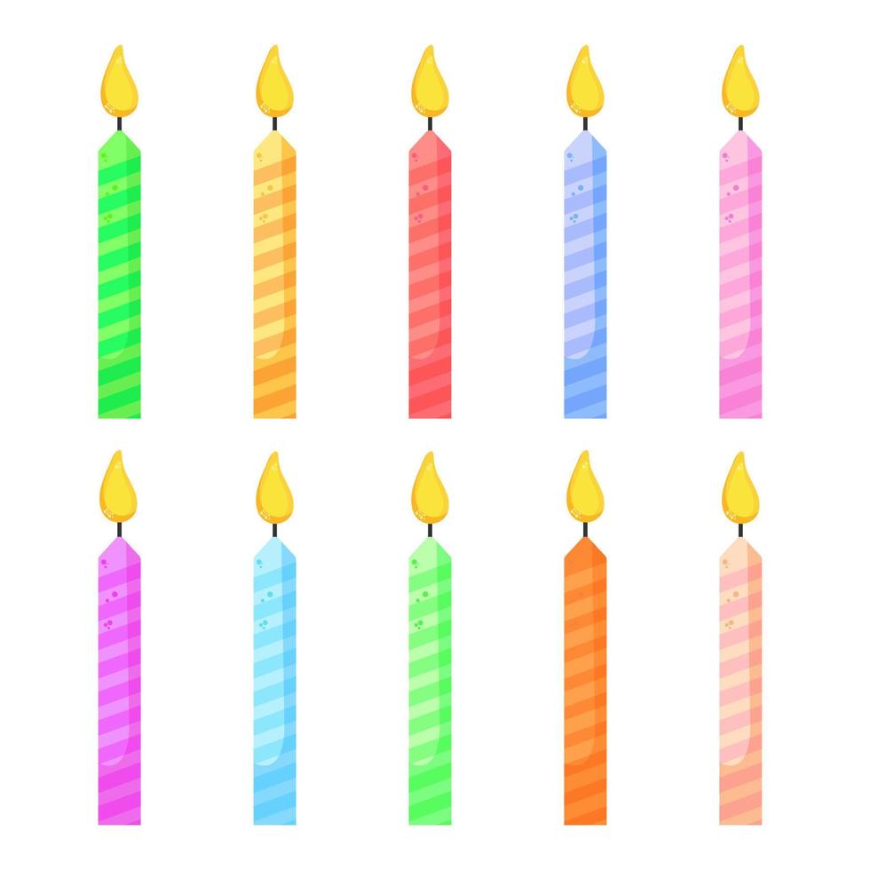 Sammlung von bunten Kerzen auf Kuchen isoliert auf weißem Hintergrund. Geburtstag. Vektor-Illustration. vektor