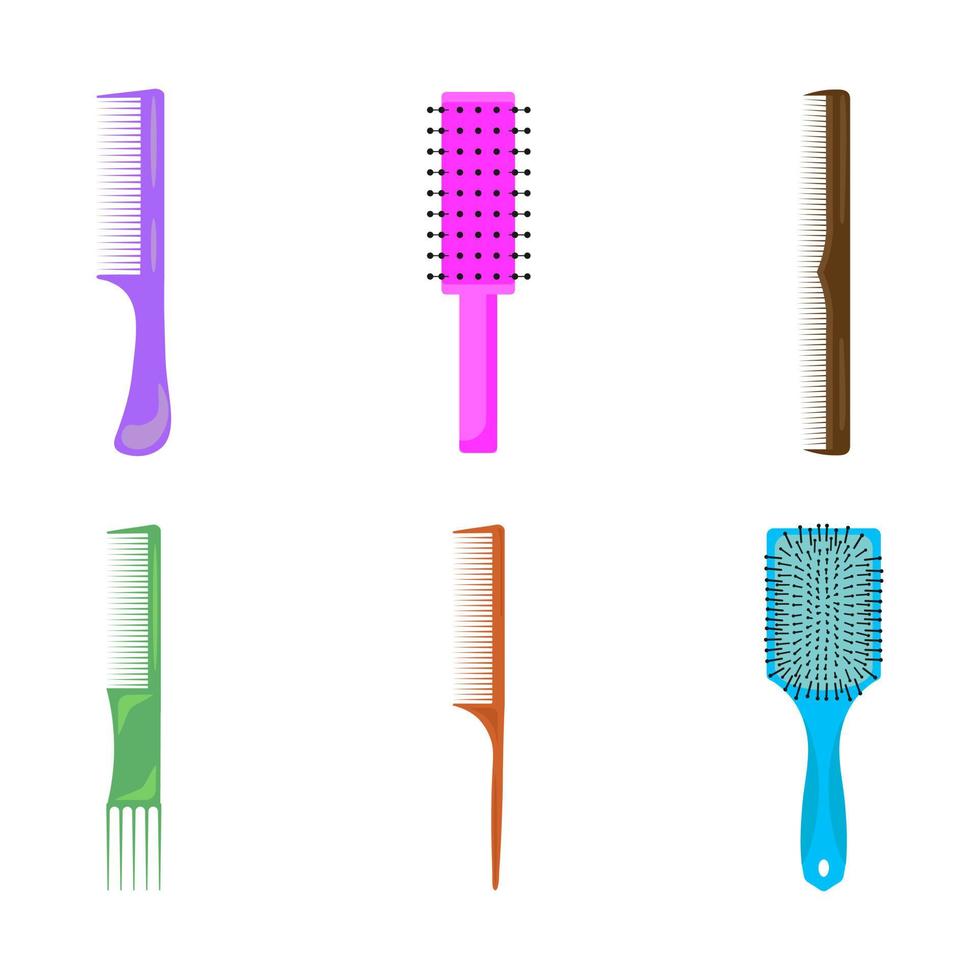 Satz Haarbürsten. Haarbürsten. Kunststoffkämme für das Haar, eine Reihe von Bürsten zum Frisieren der Haare. vektor