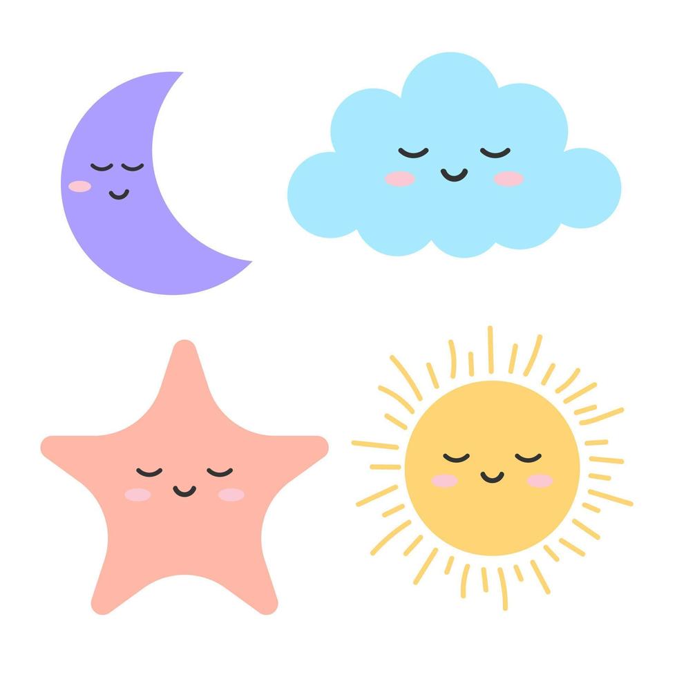 uppsättning av måne, moln, sol och stjärna. barnuppsättning. vektor illustration.