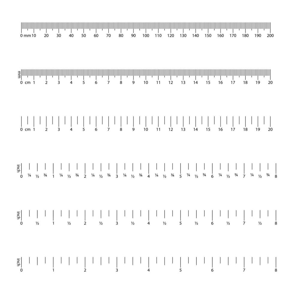 tum och metriska linjaler. mätinstrument. storleksindikatorenheter. centimeter och tum av mätskalan. vektor illustration.