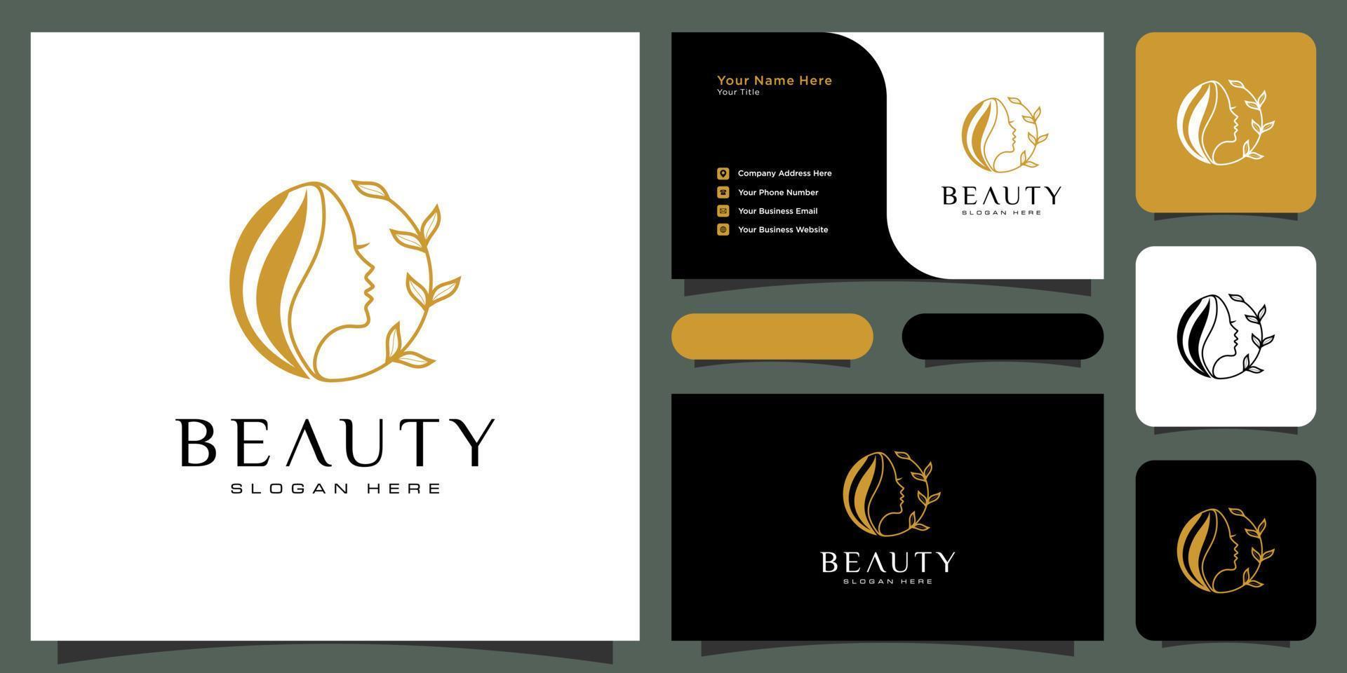 skönhet kvinna frisyr logotyp design med visitkort för naturen människor salong element vektor