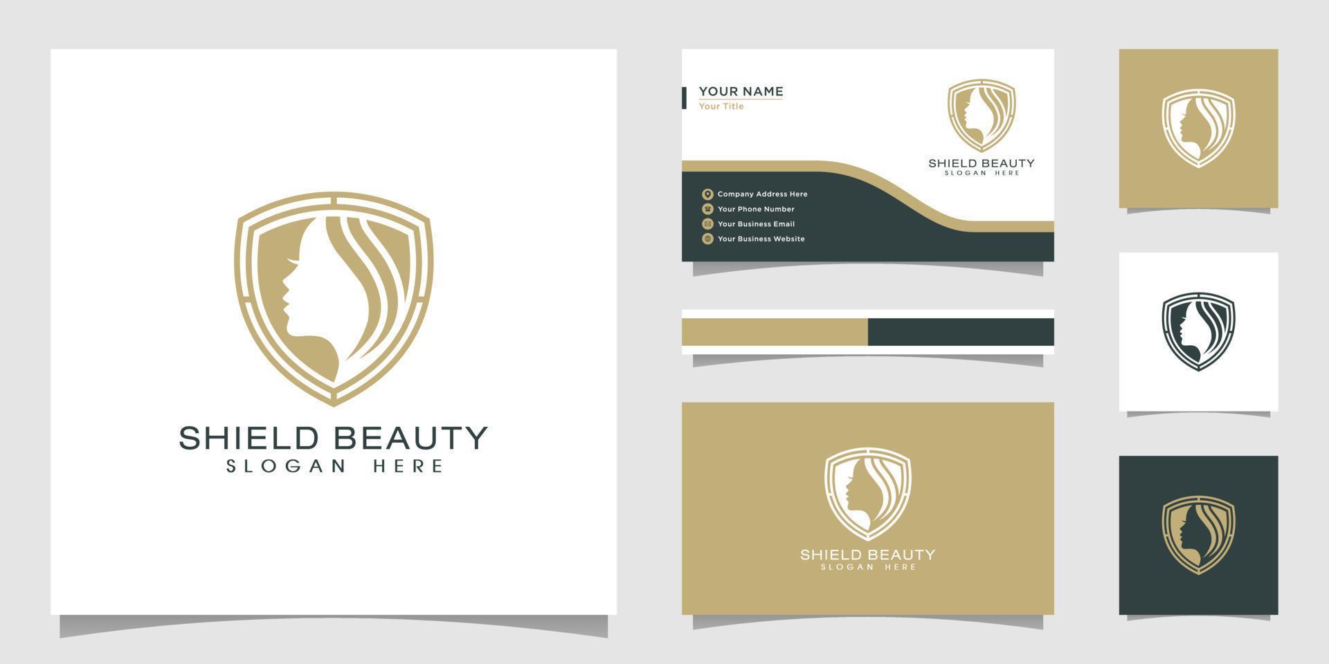 skönhet kvinnor sköld logotyp och visitkort. bra användning för spa, skönhetssalong och modelogotyp vektor