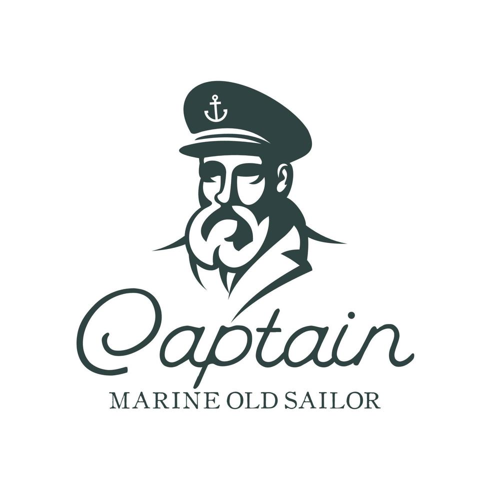 bärtiger Schiffskapitän oder Skipper mit Pfeife und Schirmmütze für marines nautisches Logo-Design für Segler vektor