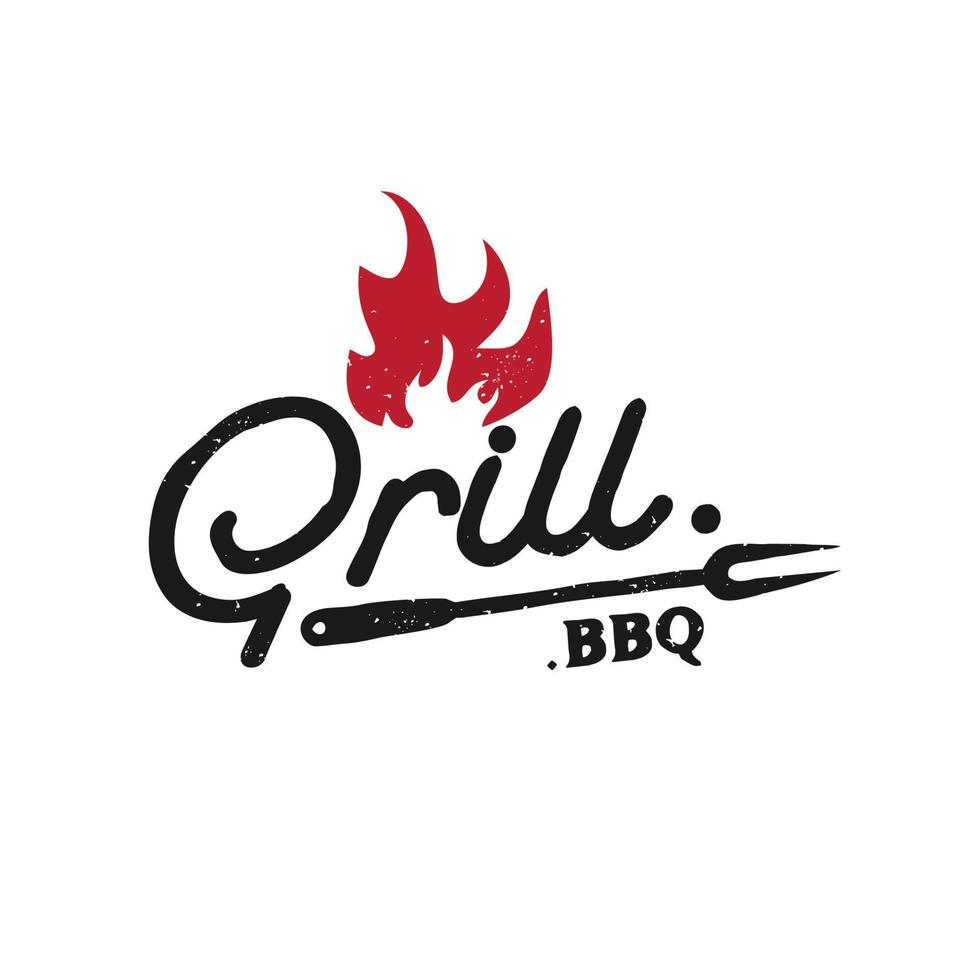 vintage logogrill grill med bbq-logotyp och eldkoncept kombinerat med en spatel vektor