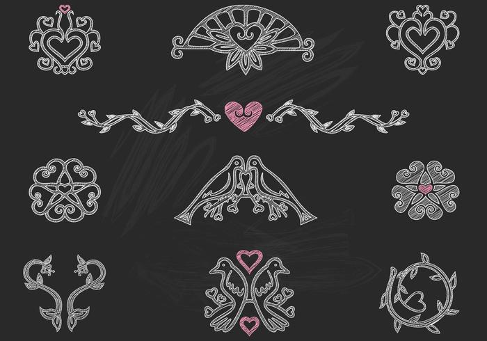 Kreide Drawn Heart Birds Ornamente Vector Pack