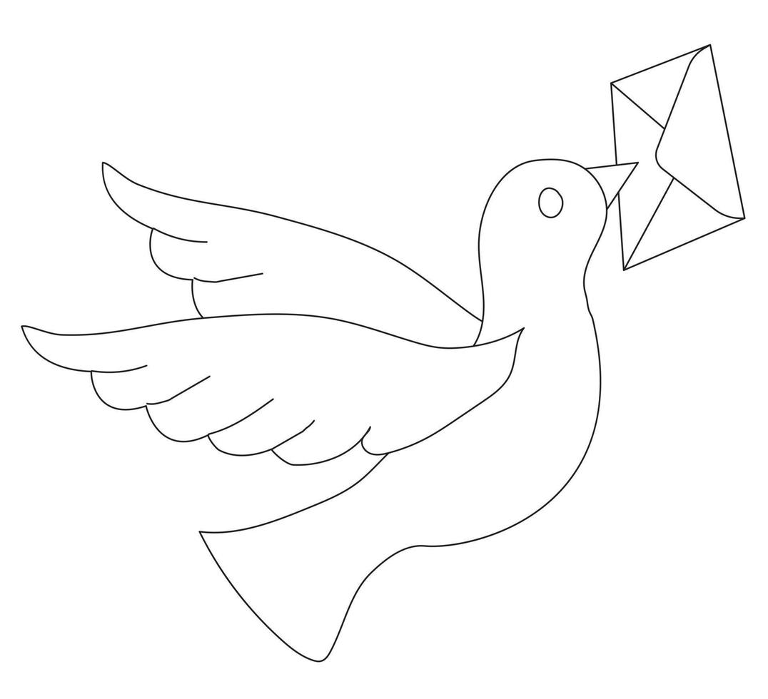 fliegende Wandertaube mit einem Brief im Schnabel. Doodle-Stil. Lebenslauf isolierte Abbildung auf weißem Hintergrund. vektor