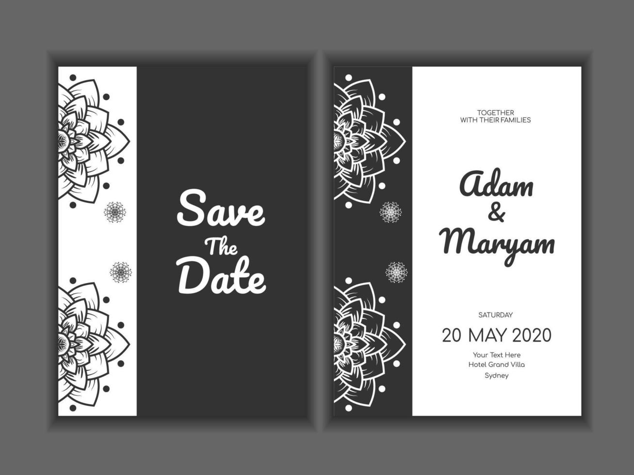 Set Cover Inhalt Hochzeitseinladungskarte mit Mandala, abstrakter Rahmen Hintergrund Dekoration Ornament Mockup Gruß Feier rustikale Vorlage Vektor Illustration
