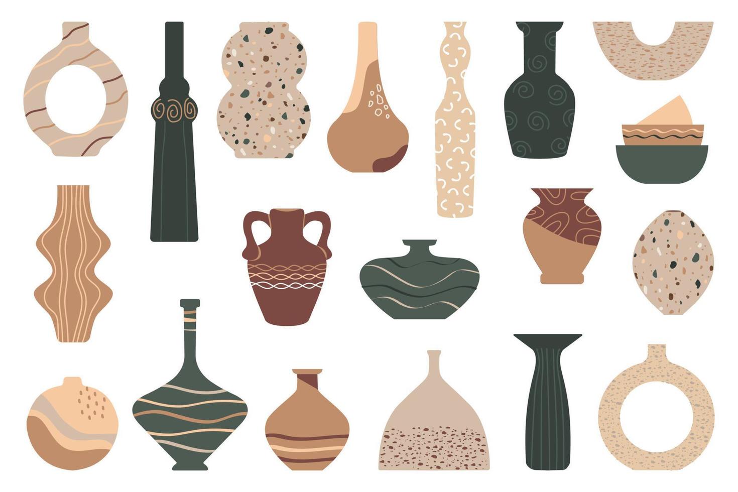 Keramik, Vasen, Steingutschalen. eine Reihe von Keramikkrügen und Vasen. sammlung dekorativer elemente von vasen für den innenbereich. vektor