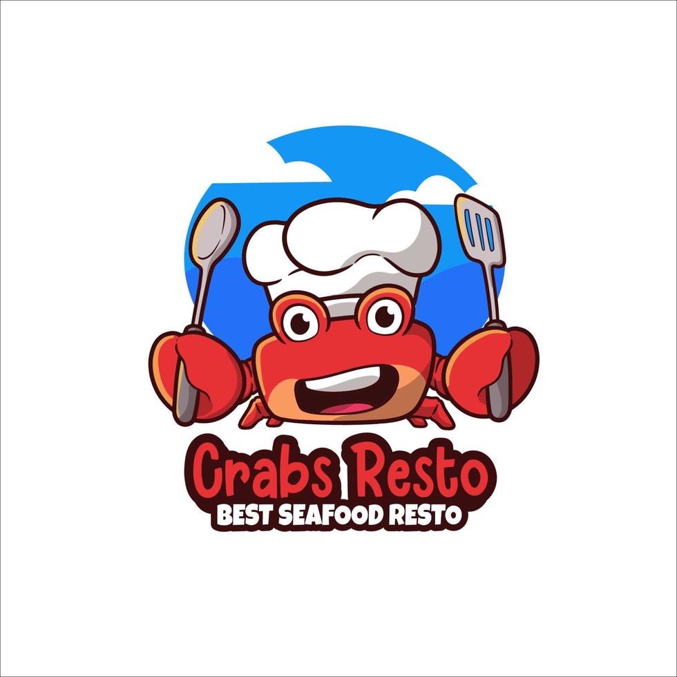 Maskottchen-Logo-Krabbe mit Pfannenwender mit einem Lächeln für ein Fischrestaurant vektor
