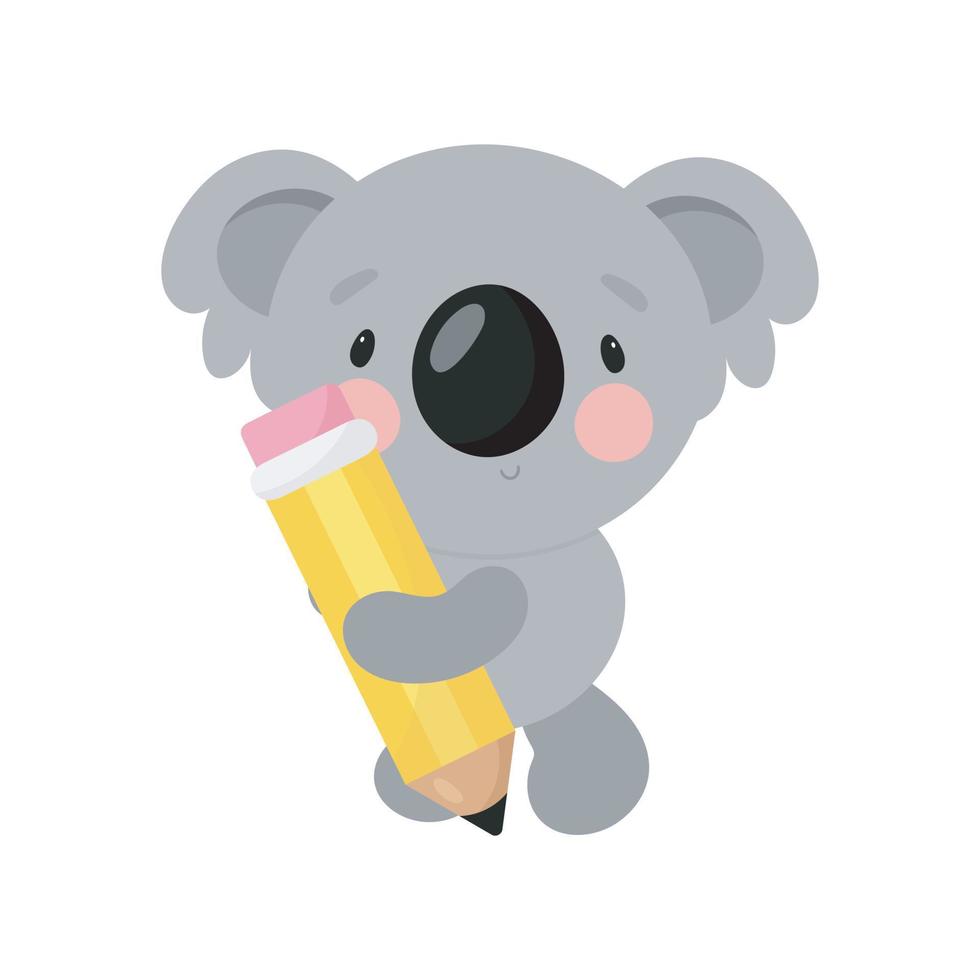 söt koala med penna. tecknad stil. vektor illustration. för kort, affischer, banderoller, böcker, tryck på förpackningen, tryck på kläder, tyg, tapeter, textil eller fat.