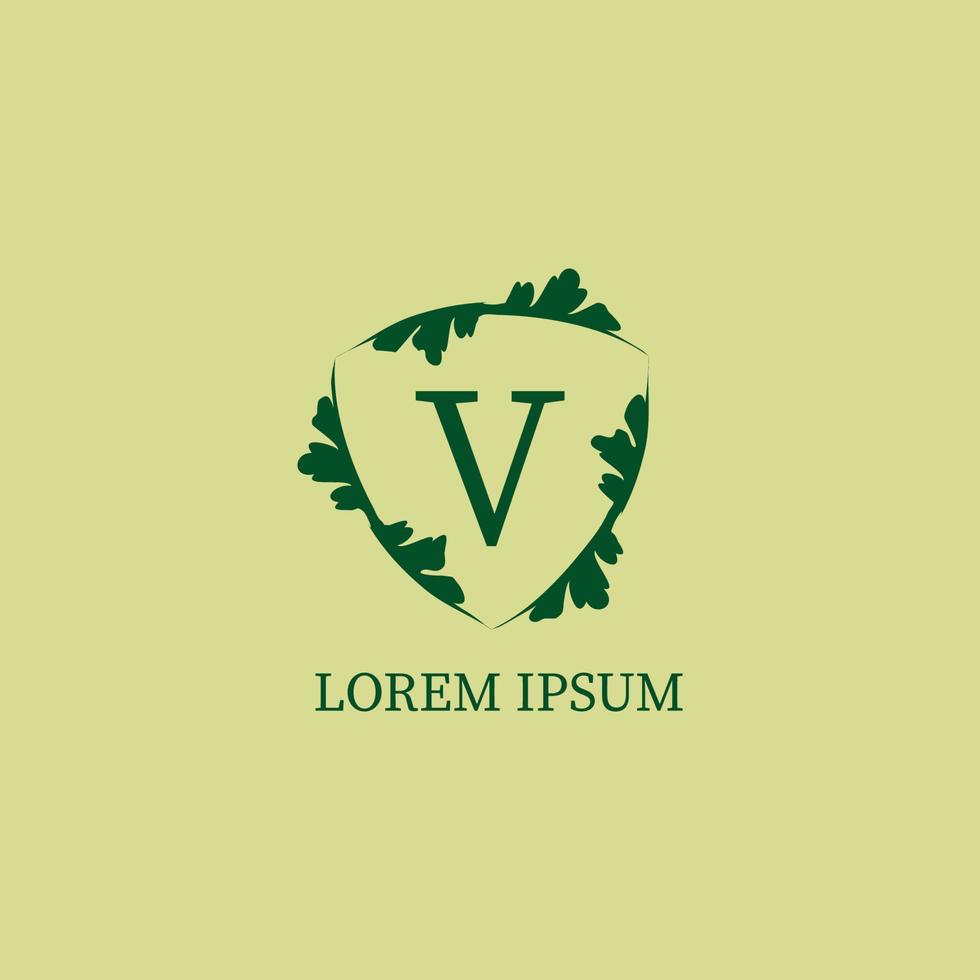 buchstabe v alphabetische logo-design-vorlage isoliert auf grün-beiger farbe. naturschutz, sicherheitslogokonzept. dekorative Blumenschild-Zeichenillustration. vektor