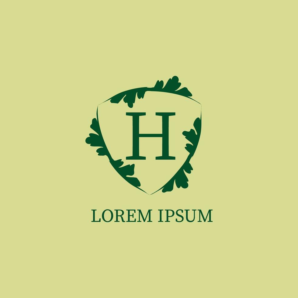 buchstabe h alphabetische logo-design-vorlage isoliert auf grün-beiger farbe. dekorative Blumenschild-Zeichenillustration. naturschutz, sicherheitslogokonzept. vektor