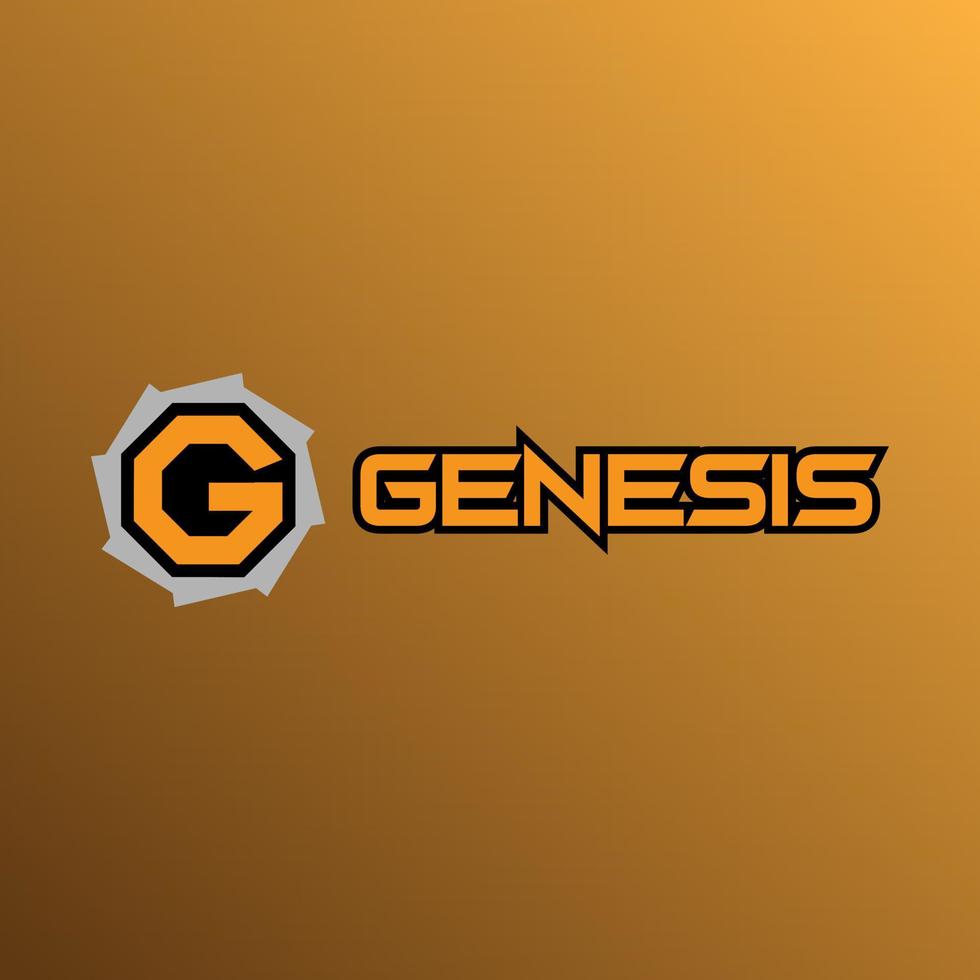 bokstaven g alfabetisk logotyp designmall, genesis logo koncept, kugghjulsikon, svart, grå, orange, stark och skarp vektor